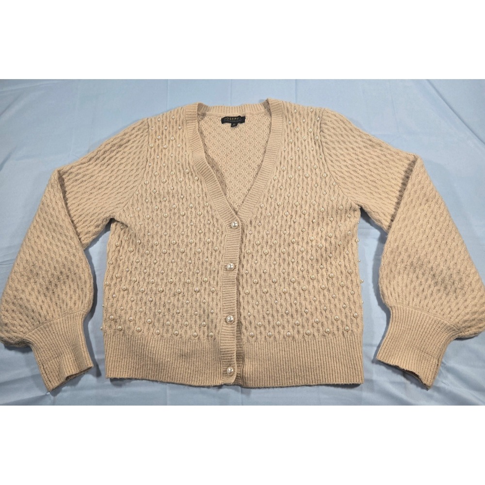 Joseph A. Womens Pearl Embellished Cardigan Oatmeal Beige Balloon Sleeve Sweater